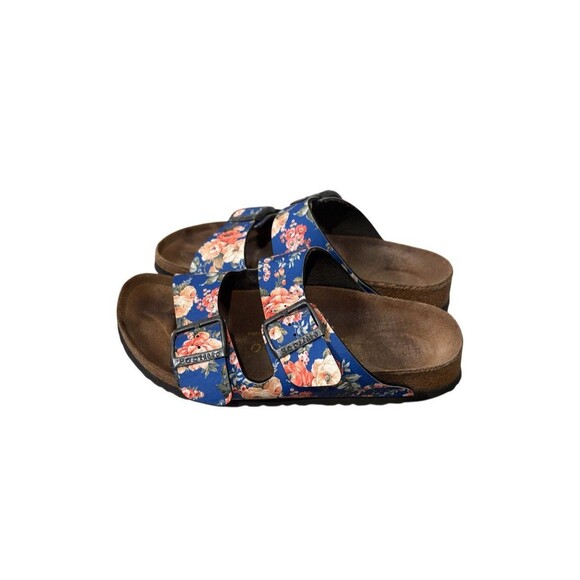 Birkenstock Papillio Sz 7 Blue Floral Slip On Hippie Two Strap Sandals - Picture 2 of 4